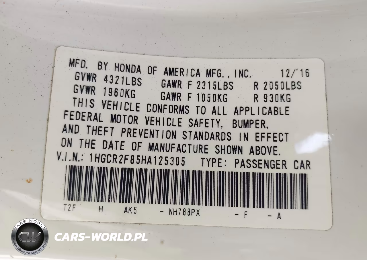 2017 Honda Accord Ex-L VIN:1HGCR2F85HA125305 - 9