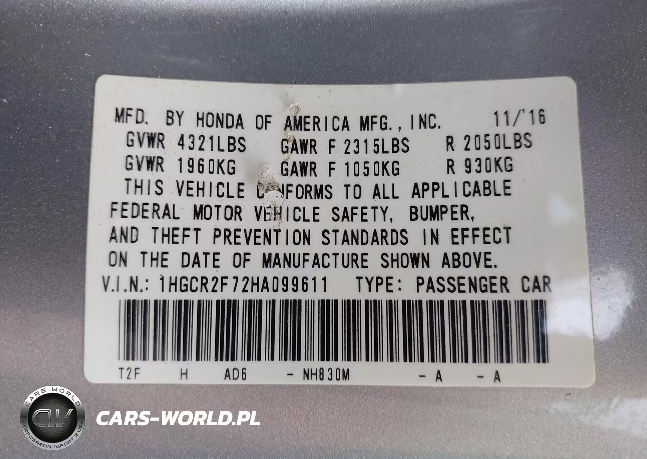 2017 Honda Accord Ex VIN:1HGCR2F72HA099611 - 9