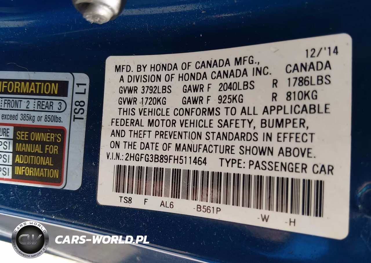 2015 Honda Civic Ex VIN:2HGFG3B89FH511464 - 9