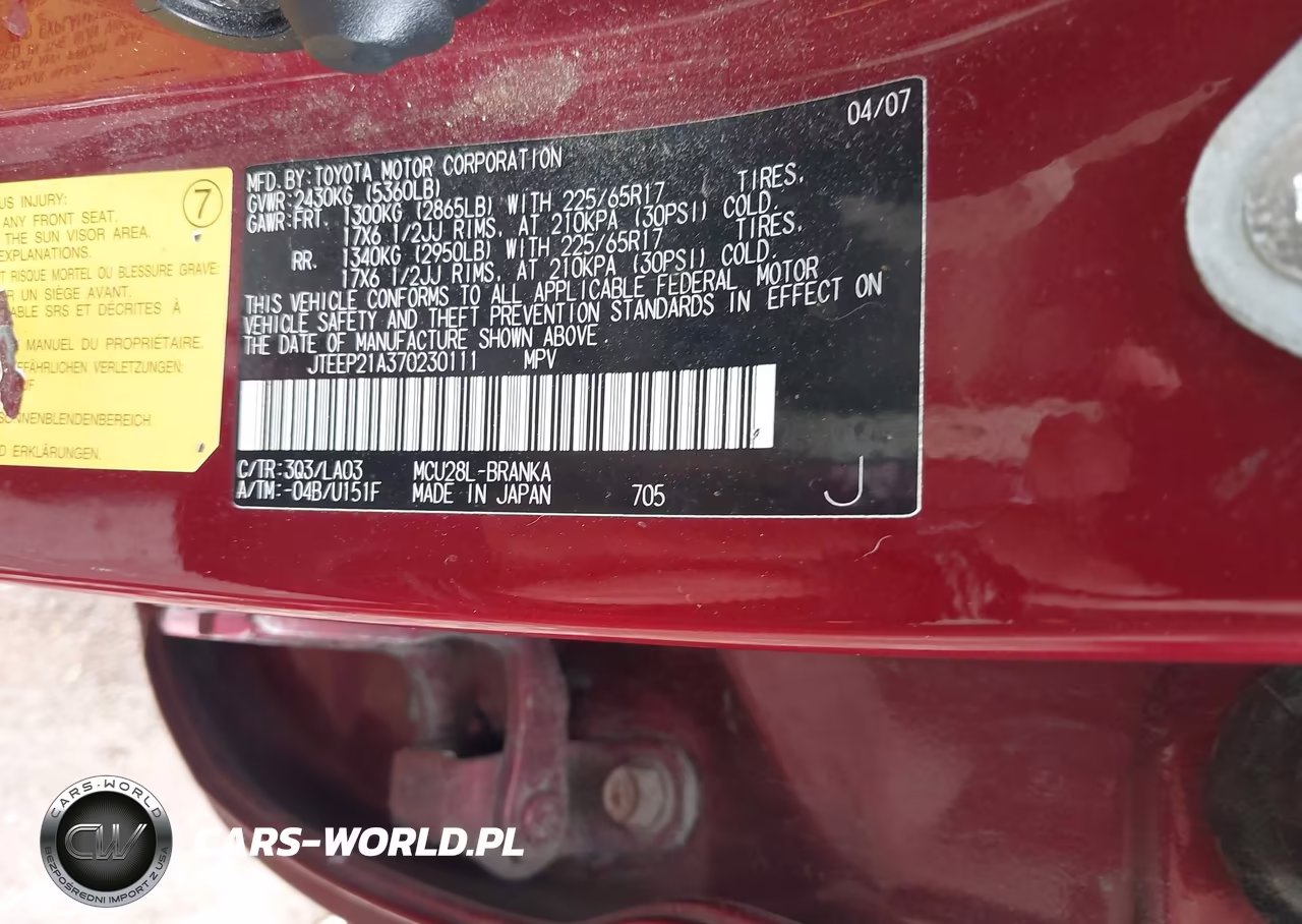 2007 Toyota Highlander Limited W-3Rd Row VIN:JTEEP21A370230111 - 9