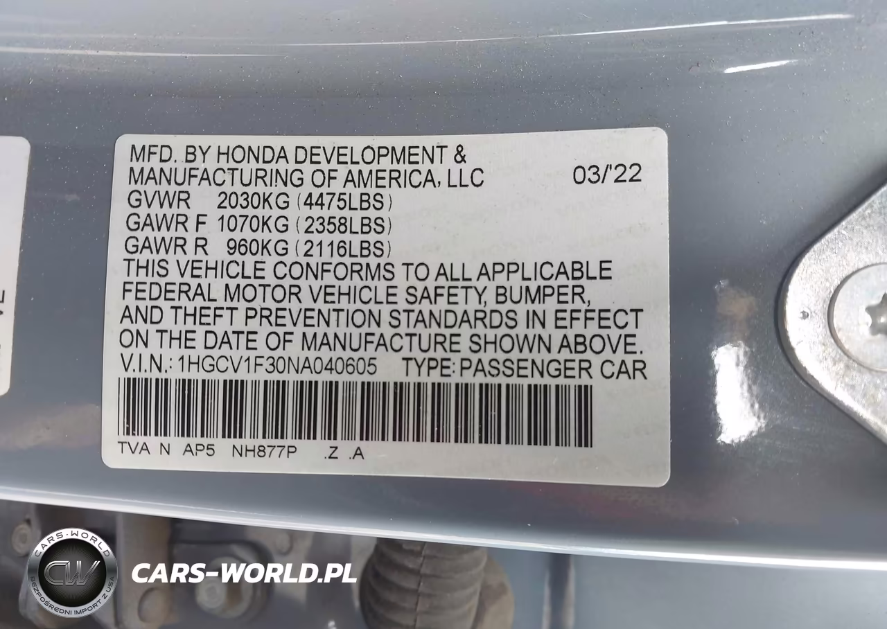 2022 Honda Accord Sport VIN:1HGCV1F30NA040605 - 9