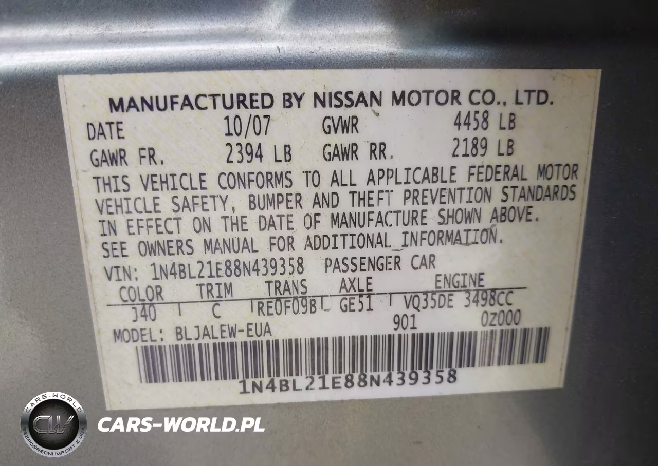 2008 Nissan Altima 3.5 Sl VIN:1N4BL21E88N439358 - 9
