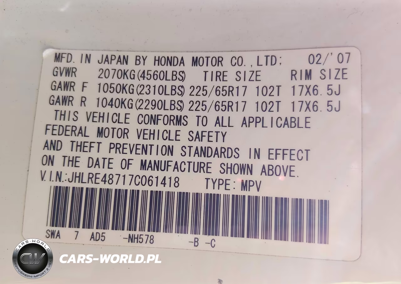 2007 Honda Cr-V Ex-L VIN:JHLRE48717C061418 - 9