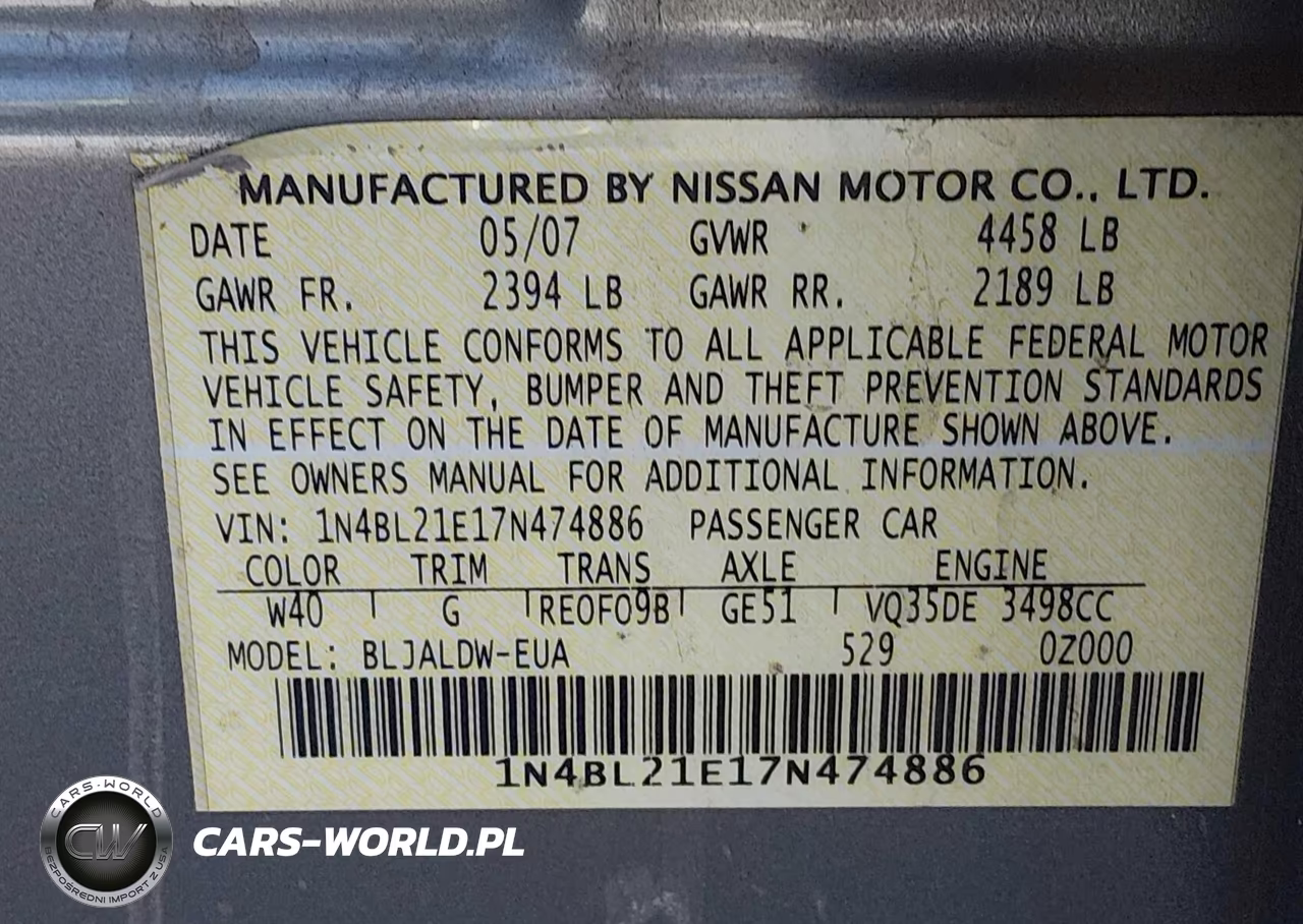 2007 Nissan Altima 3.5 Se VIN:1N4BL21E17N474886 - 9