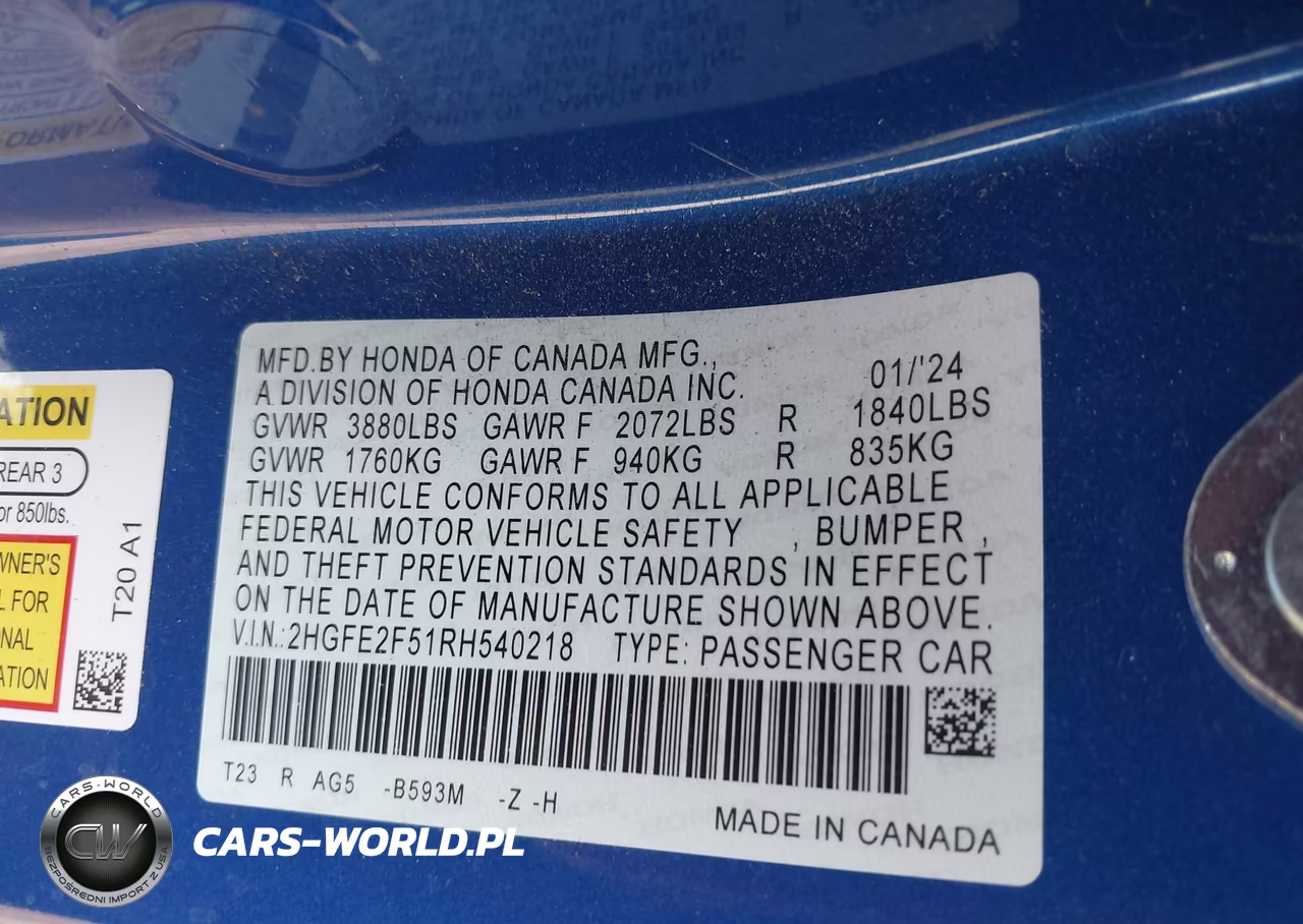 2024 Honda Civic Sport VIN:2HGFE2F51RH540218 - 9