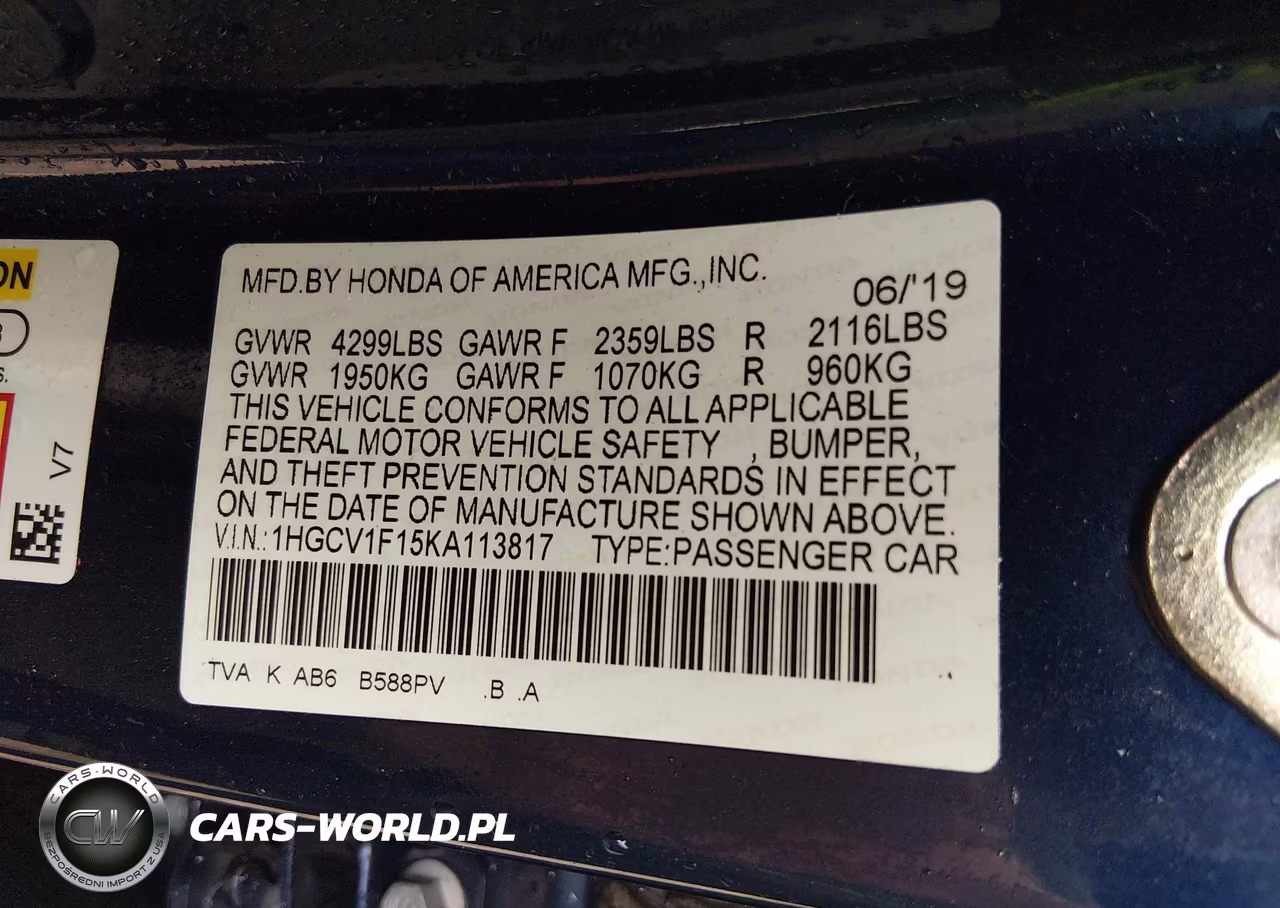 2019 Honda Accord Lx VIN:1HGCV1F15KA113817 - 9