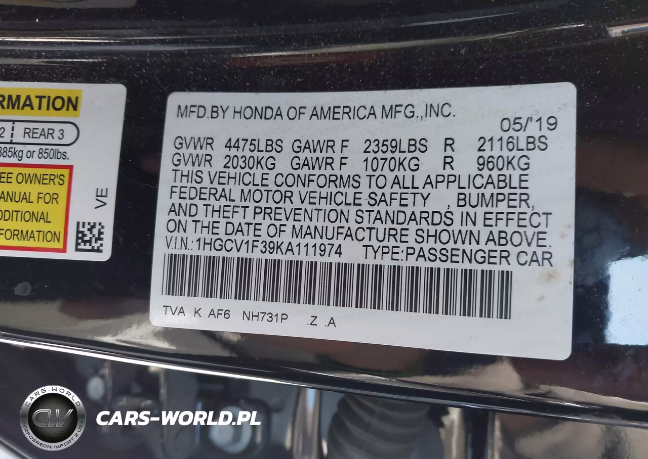2019 Honda Accord Sport VIN:1HGCV1F39KA111974 - 9