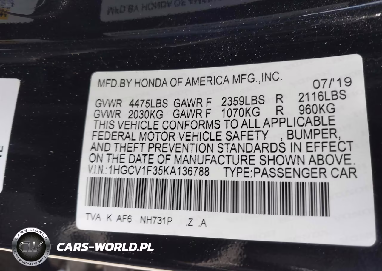 2019 Honda Accord Sport VIN:1HGCV1F35KA136788 - 9