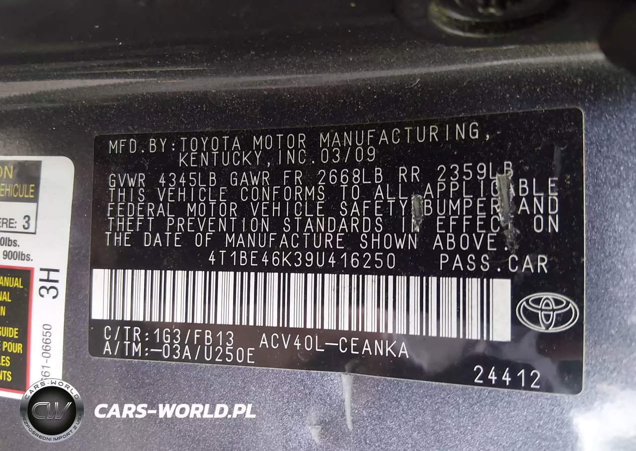 2009 Toyota Camry Le VIN:4T1BE46K39U416250 - 9