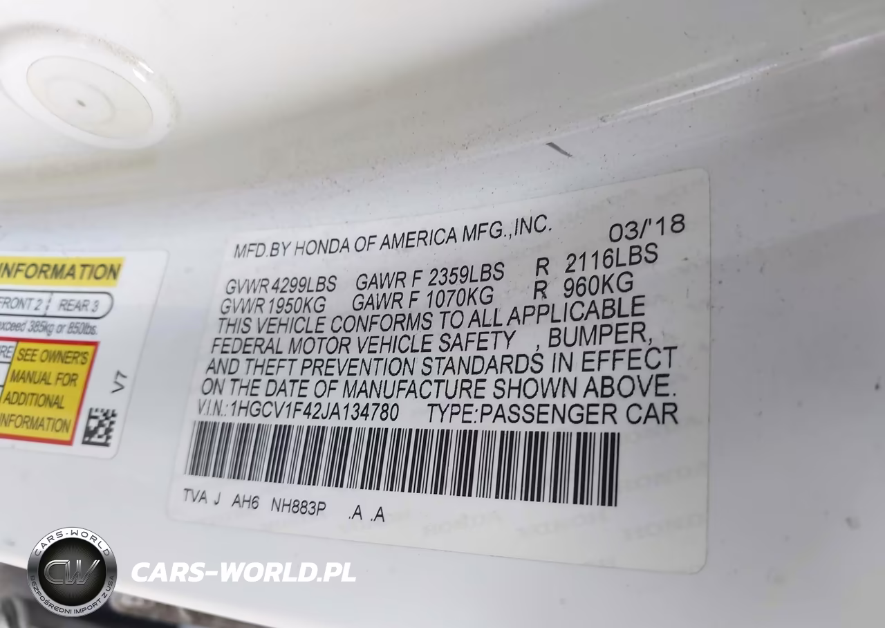 2018 Honda Accord Ex VIN:1HGCV1F42JA134780 - 9