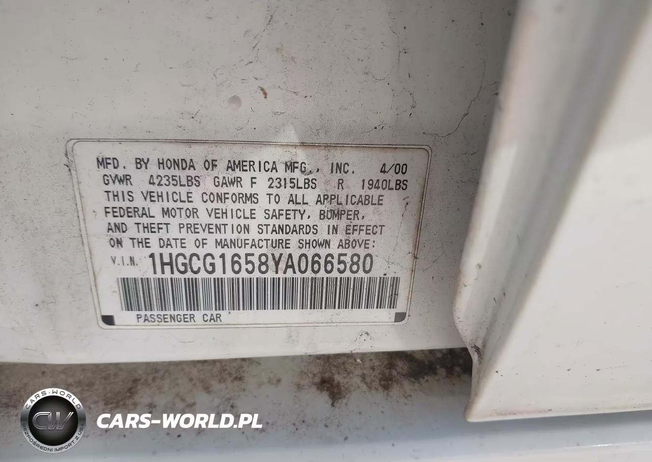 2000 Honda Accord 3.0 Ex VIN:1HGCG1658YA066580 - 9