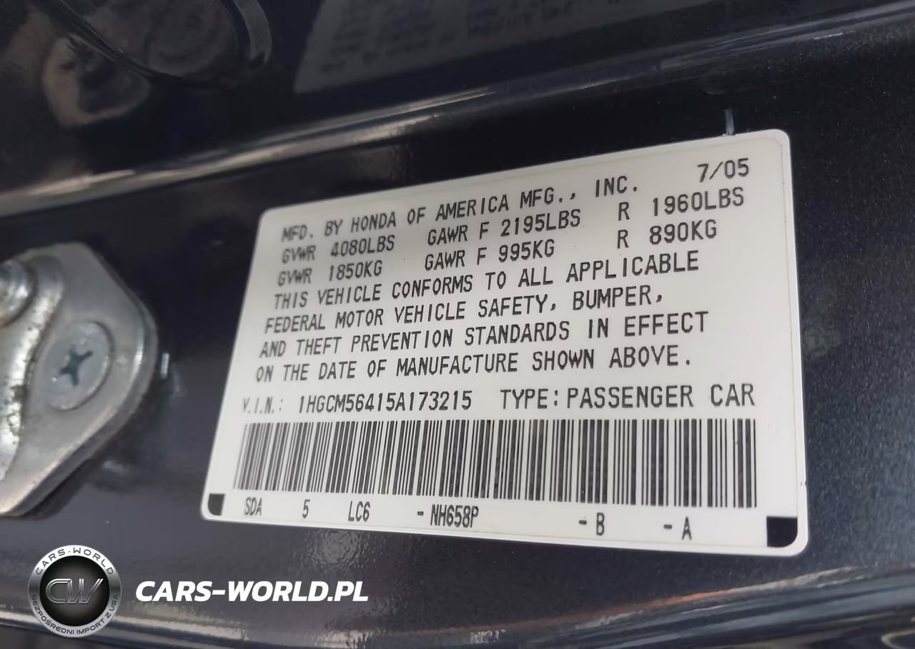 2005 Honda Accord 2.4 Lx VIN:1HGCM56415A173215 - 9