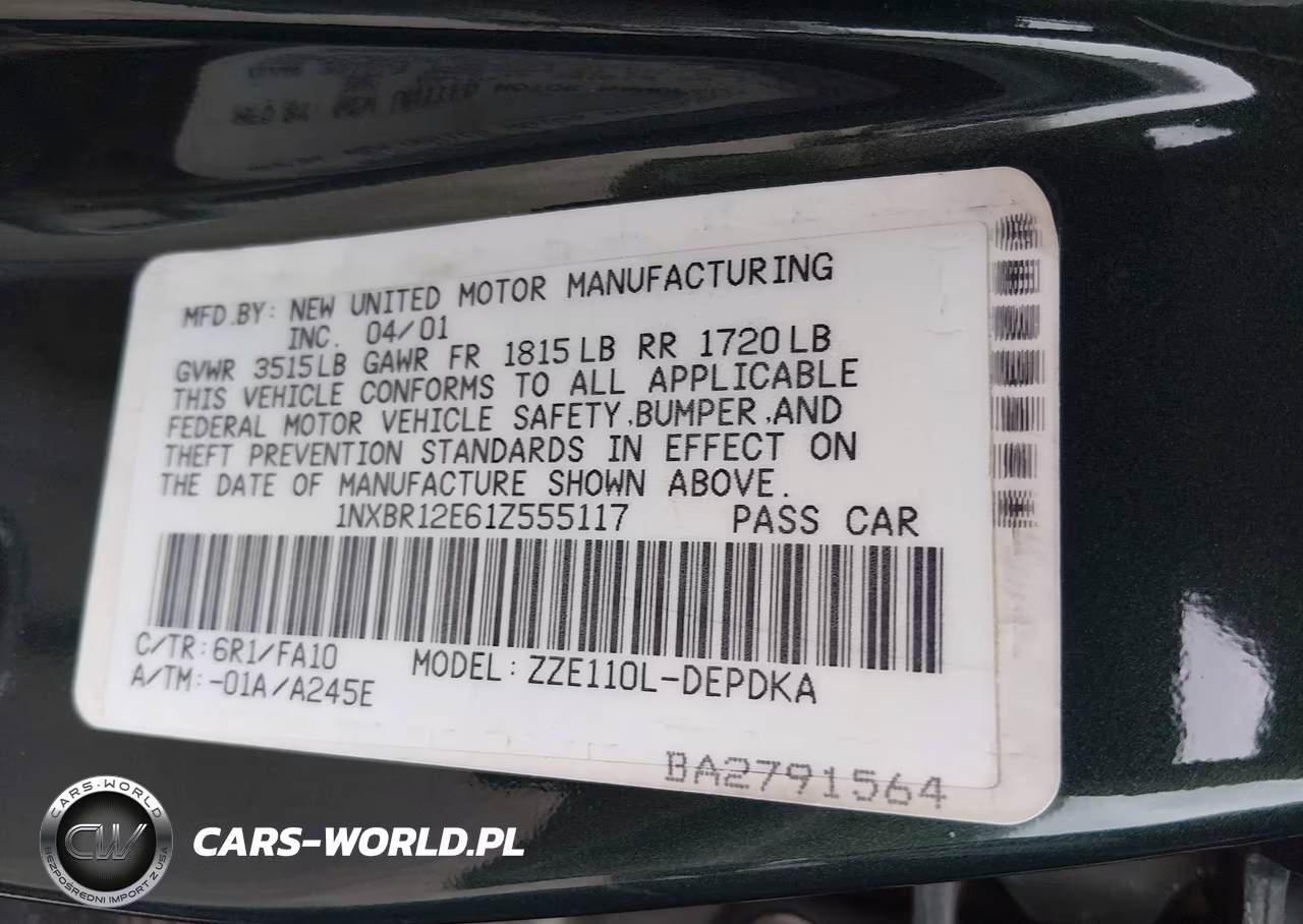 2001 Toyota Corolla Le VIN:1NXBR12E61Z555117 - 9