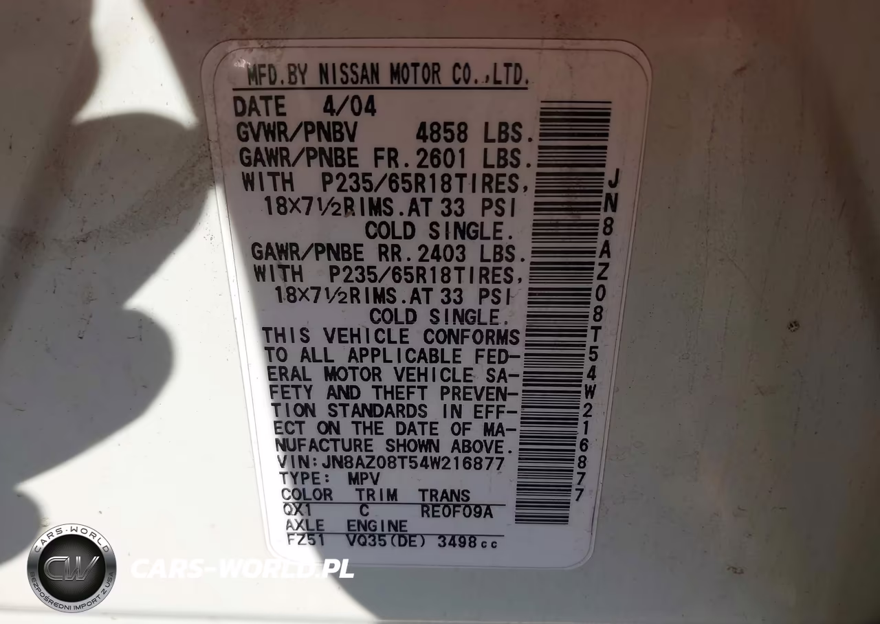 2004 Nissan Murano Sl VIN:JN8AZ08T54W216877 - 9