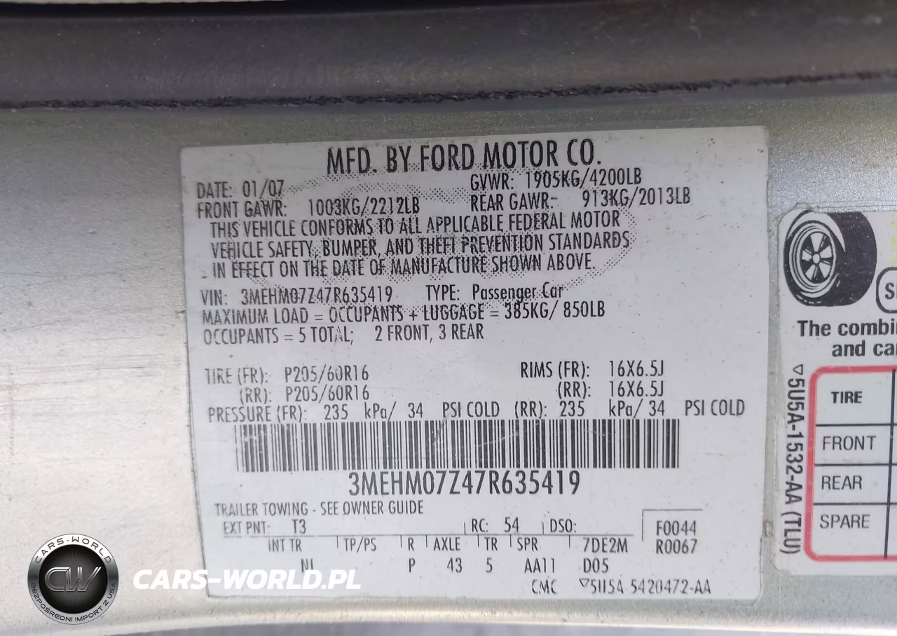 2007 Mercury Milan I4 VIN:3MEHM07Z47R635419 - 9