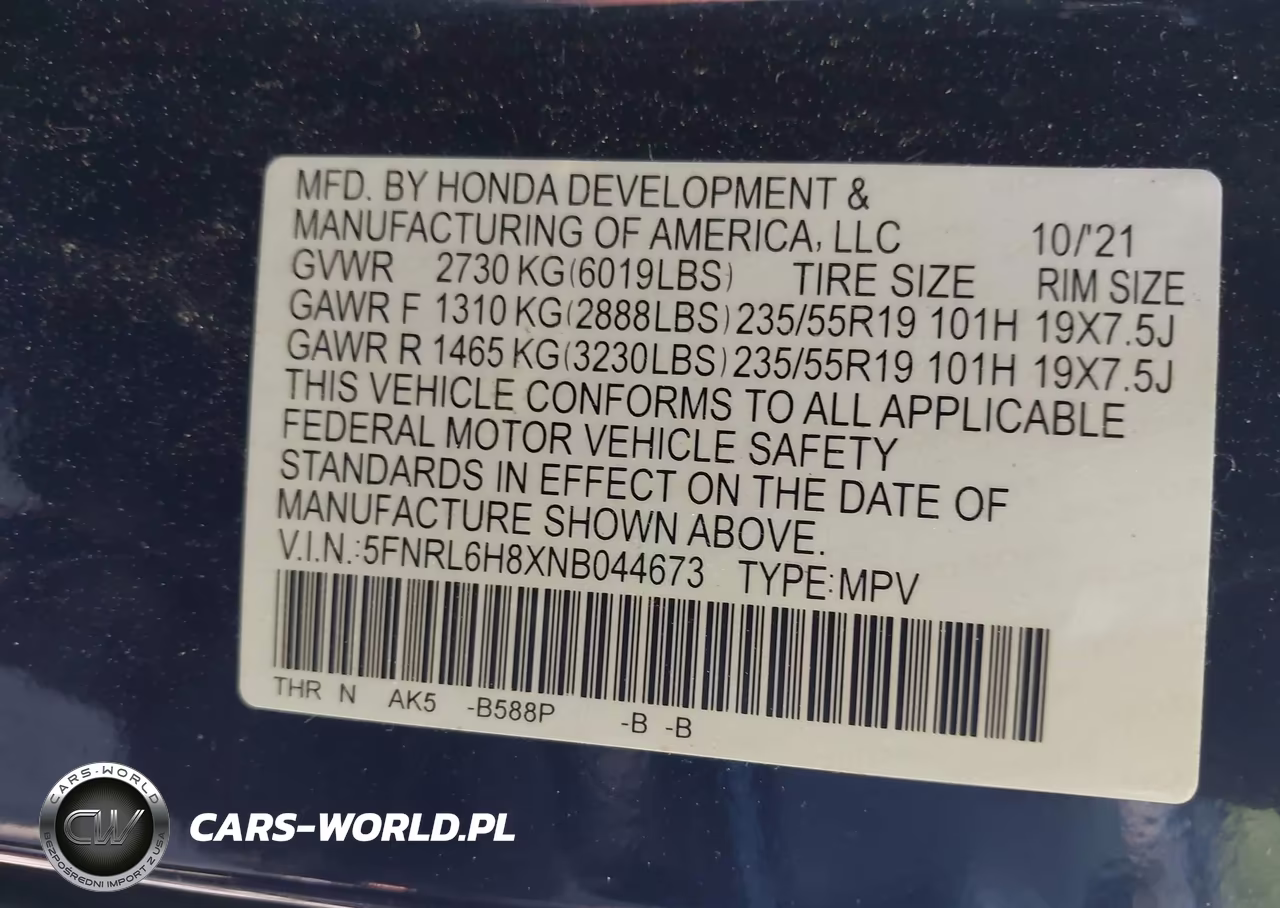 2022 Honda Odyssey Touring VIN:5FNRL6H8XNB044673 - 9