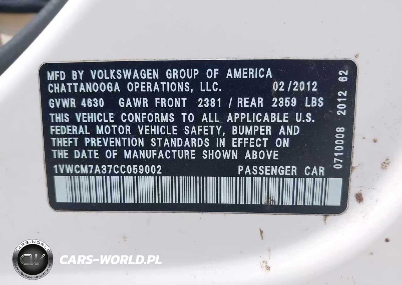 2012 Volkswagen Passat 3.6L V6 Sel Premium VIN:1VWCM7A37CC059002 - 9