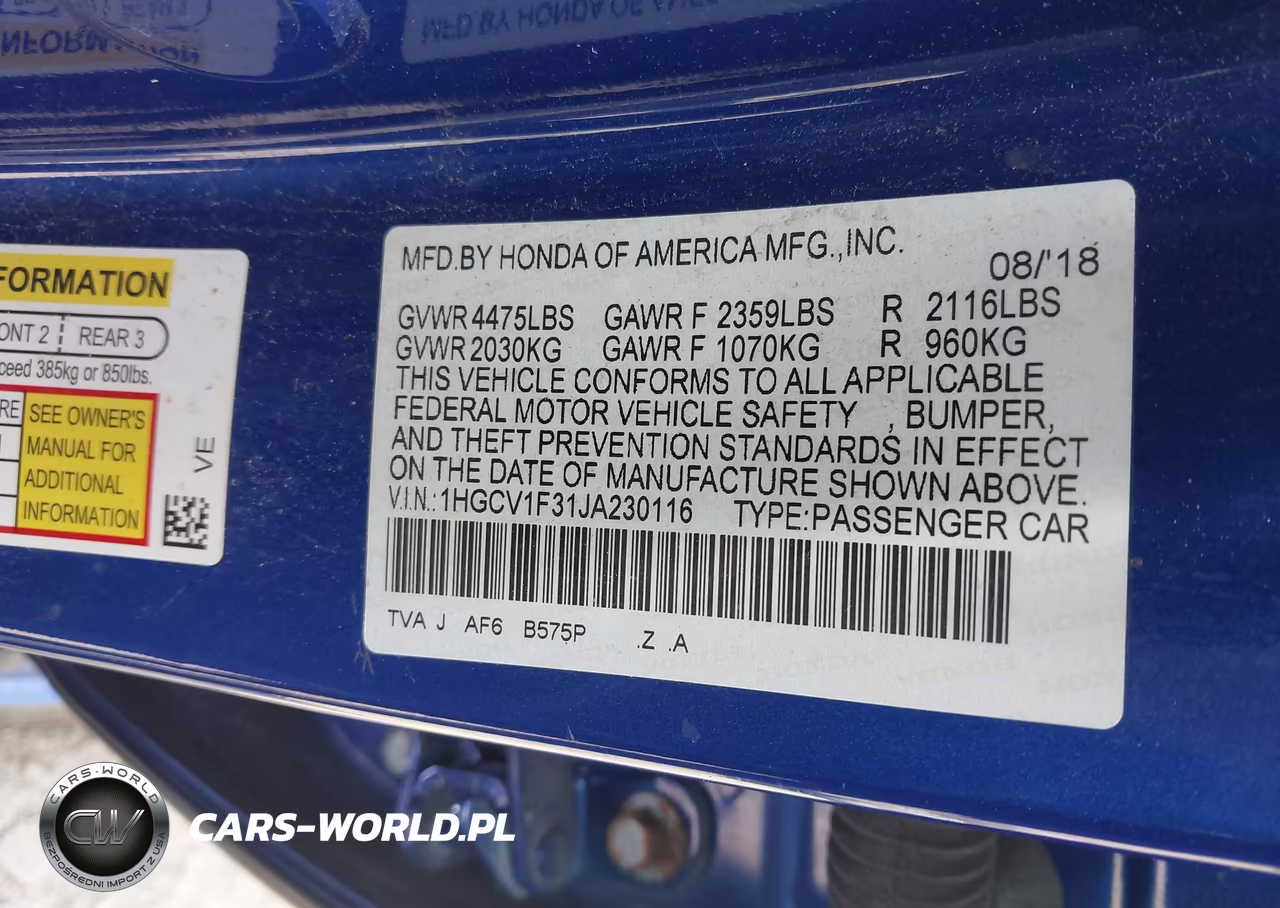 2018 Honda Accord Sport VIN:1HGCV1F31JA230116 - 9
