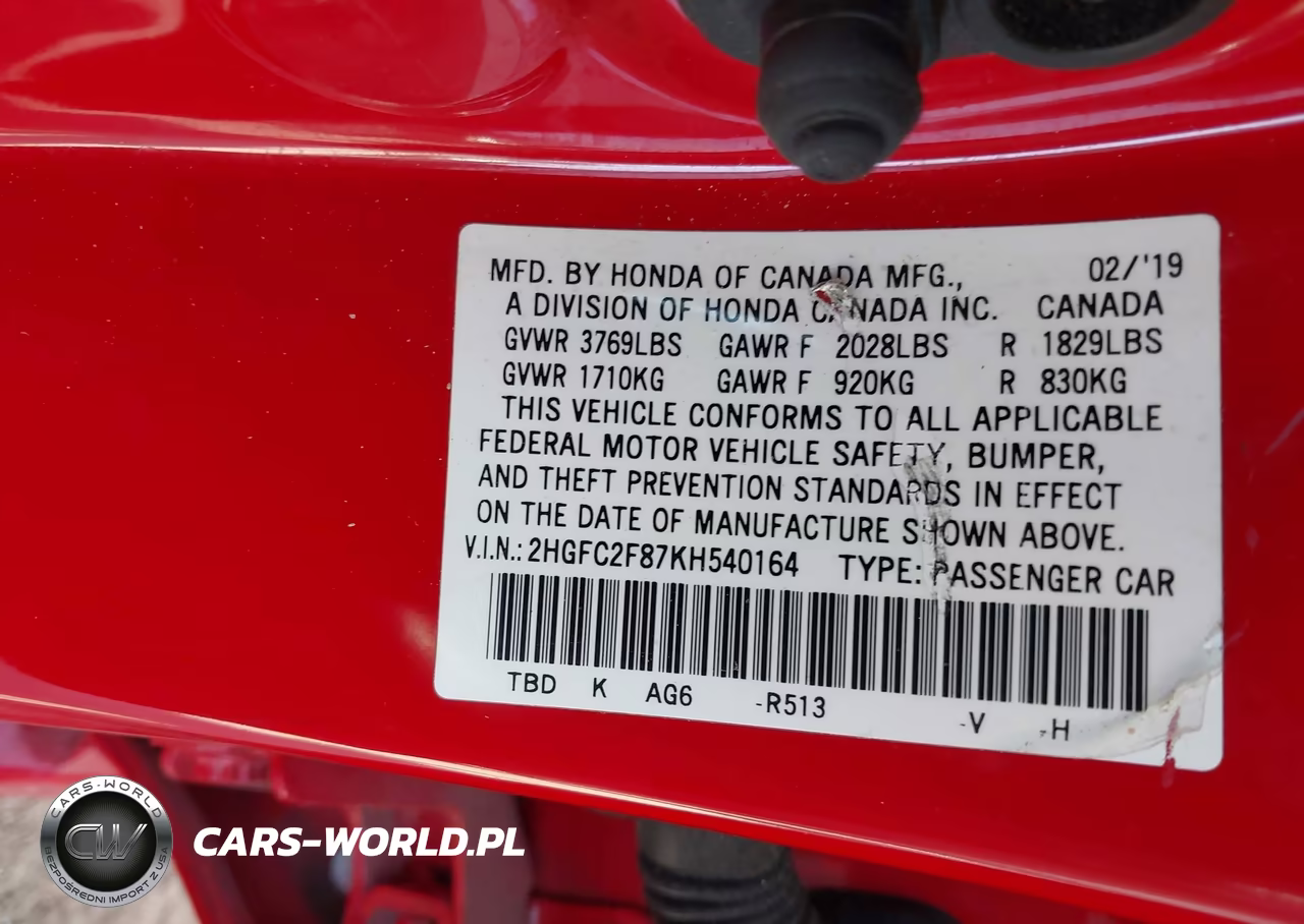 2019 Honda Civic Sport VIN:2HGFC2F87KH540164 - 9