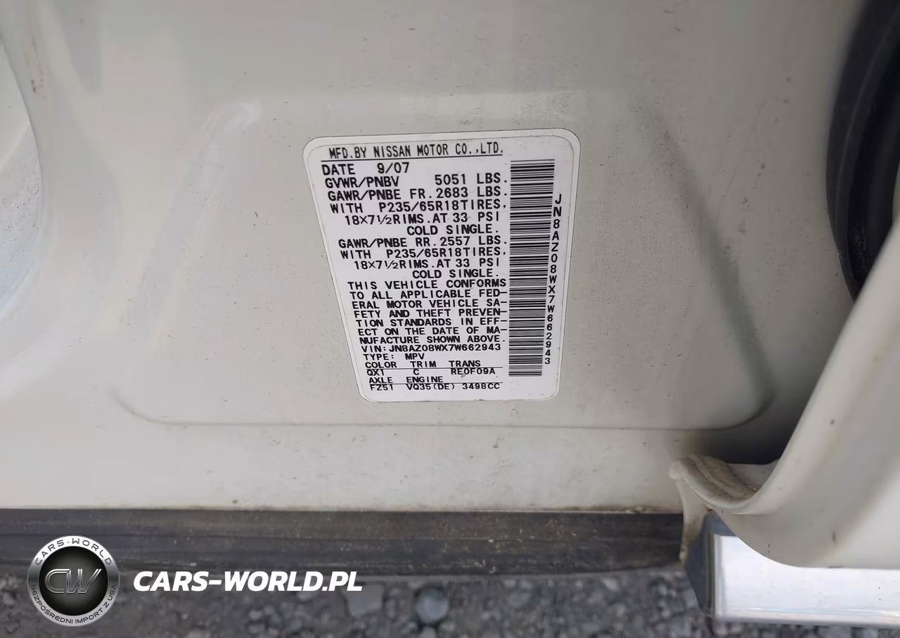 2007 Nissan Murano Sl VIN:JN8AZ08WX7W662943 - 9