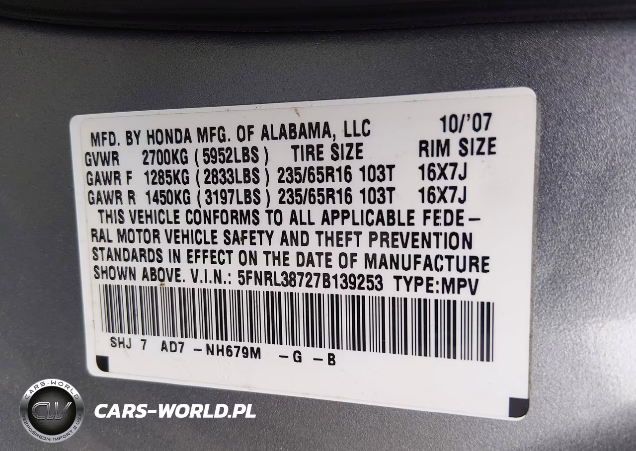 2007 Honda Odyssey Ex-L VIN:5FNRL38727B139253 - 9