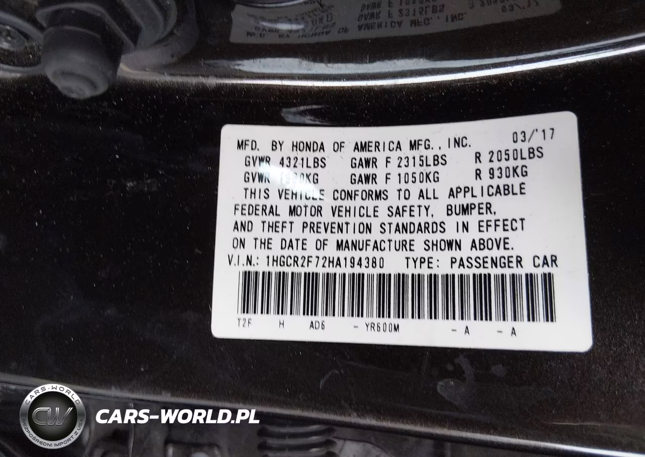 2017 Honda Accord Ex VIN:1HGCR2F72HA194380 - 9