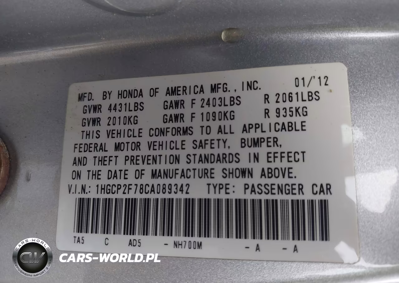 2012 Honda Accord 2.4 Ex VIN:1HGCP2F78CA089342 - 9