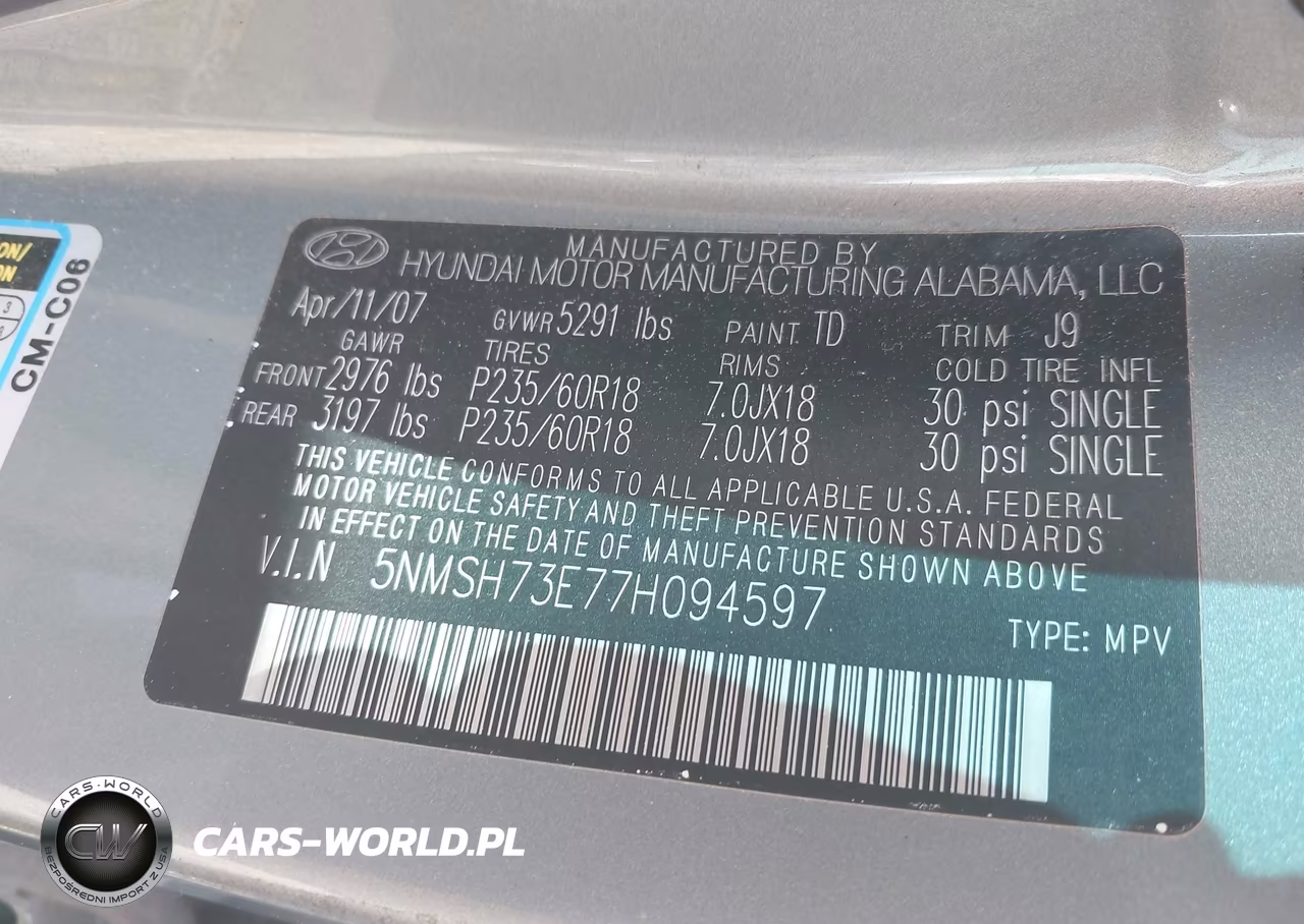 2007 Hyundai Santa Fe Limited-Se VIN:5NMSH73E77H094597 - 9