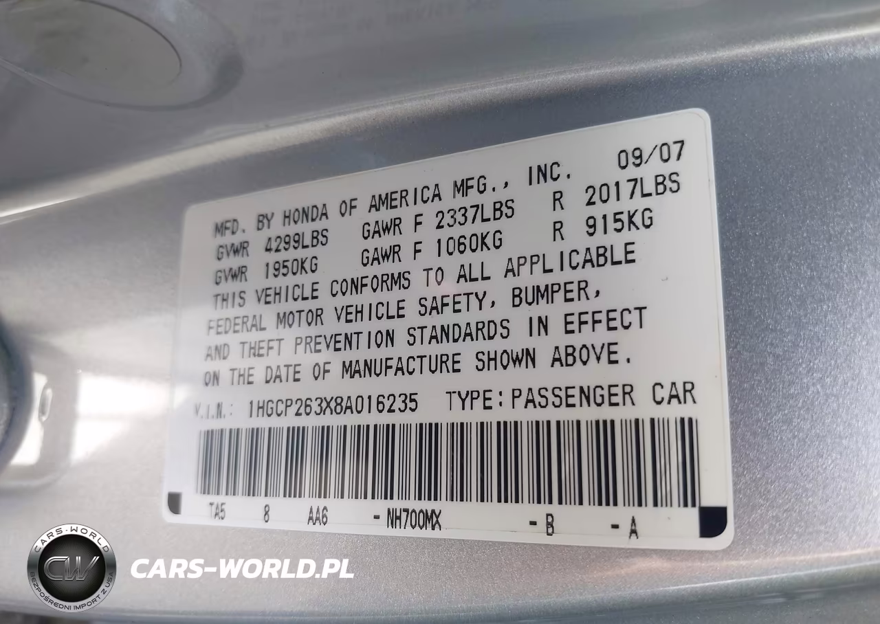 2008 Honda Accord 2.4 Lx VIN:1HGCP263X8A016235 - 9