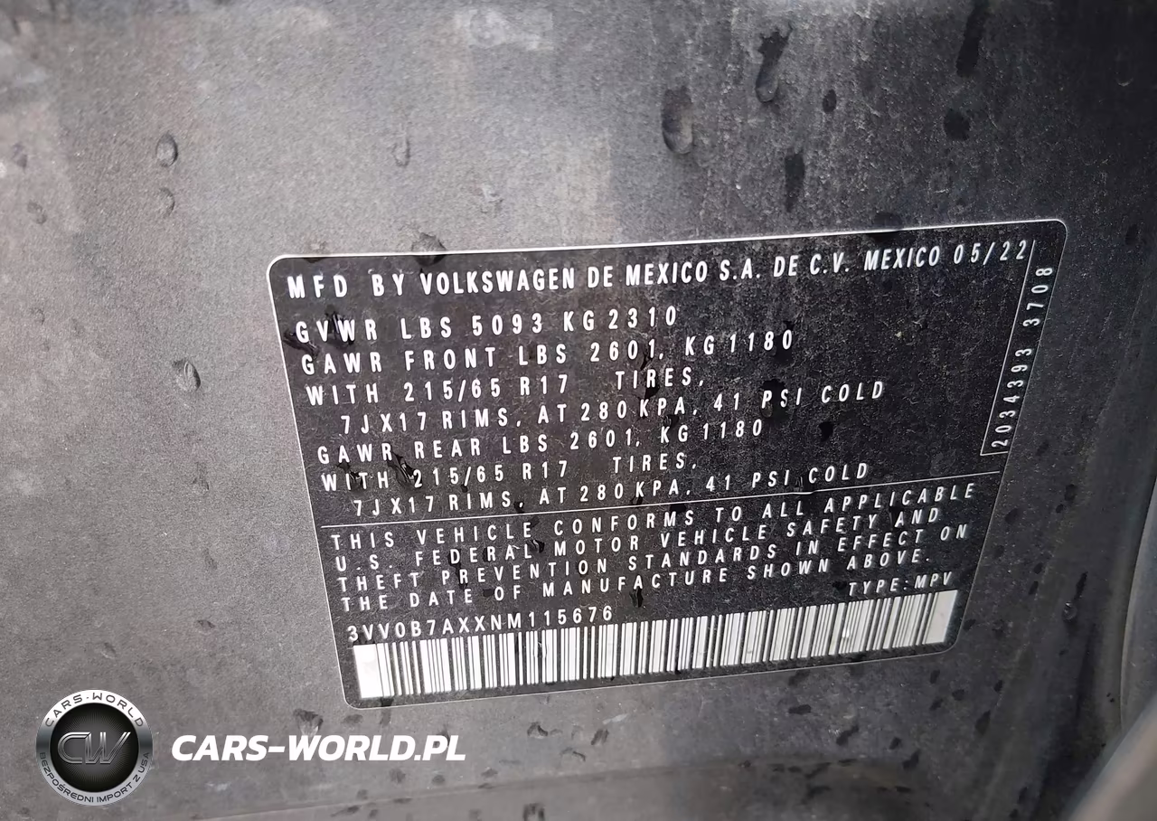 2022 Volkswagen Tiguan 2.0T S VIN:3VV0B7AXXNM115676 - 9