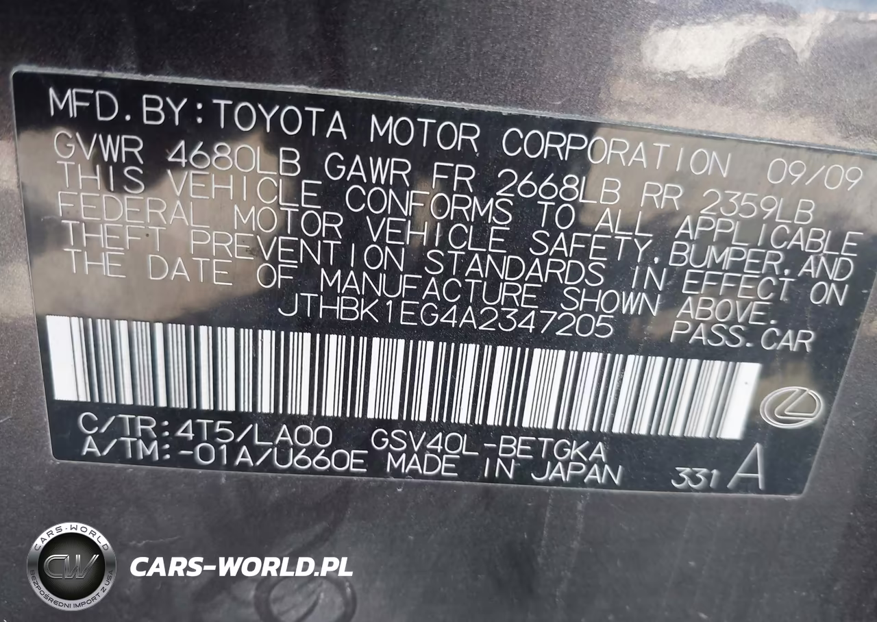 2010 Lexus Es 350 VIN:JTHBK1EG4A2347205 - 9