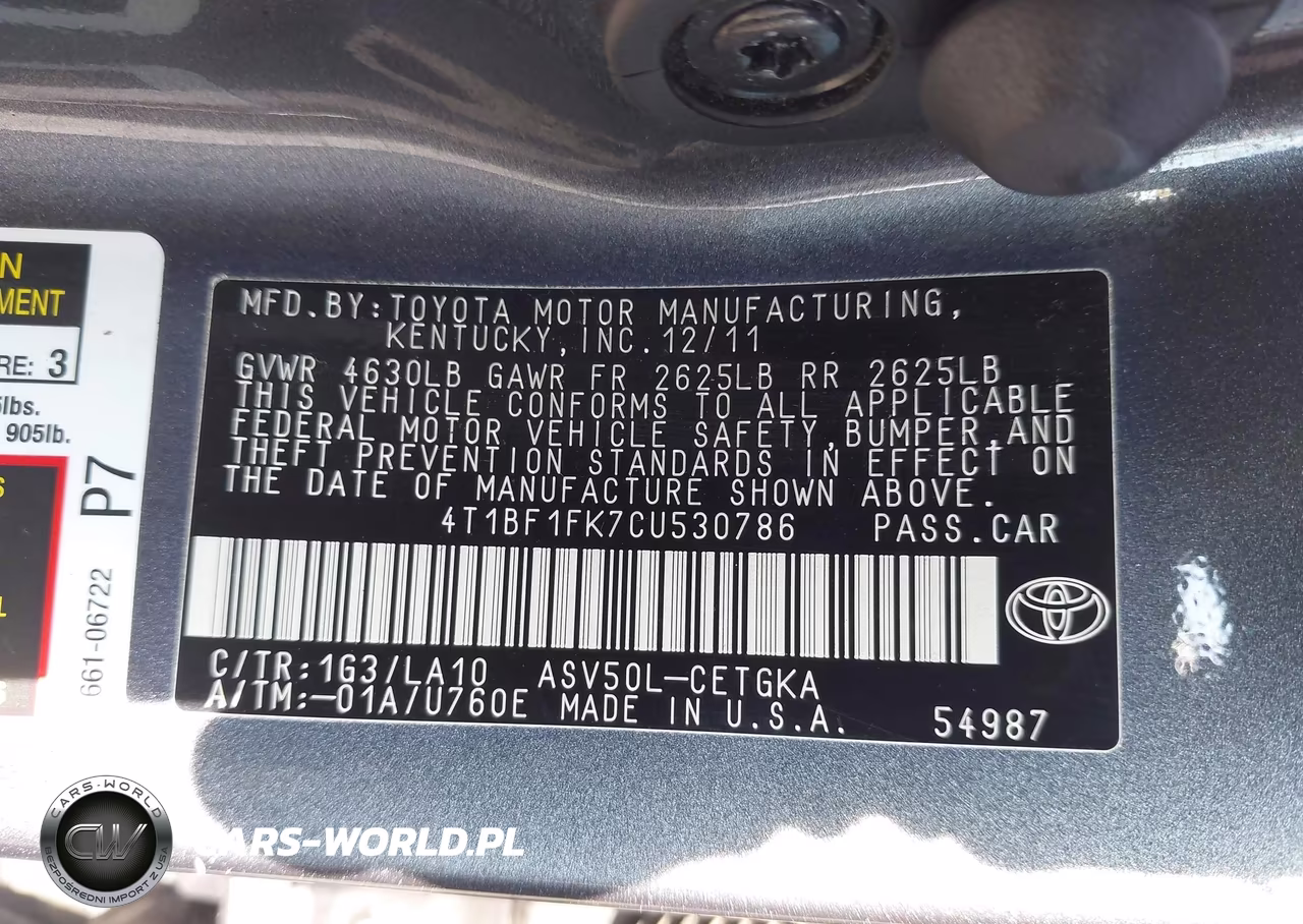 2012 Toyota Camry Xle VIN:4T1BF1FK7CU530786 - 9