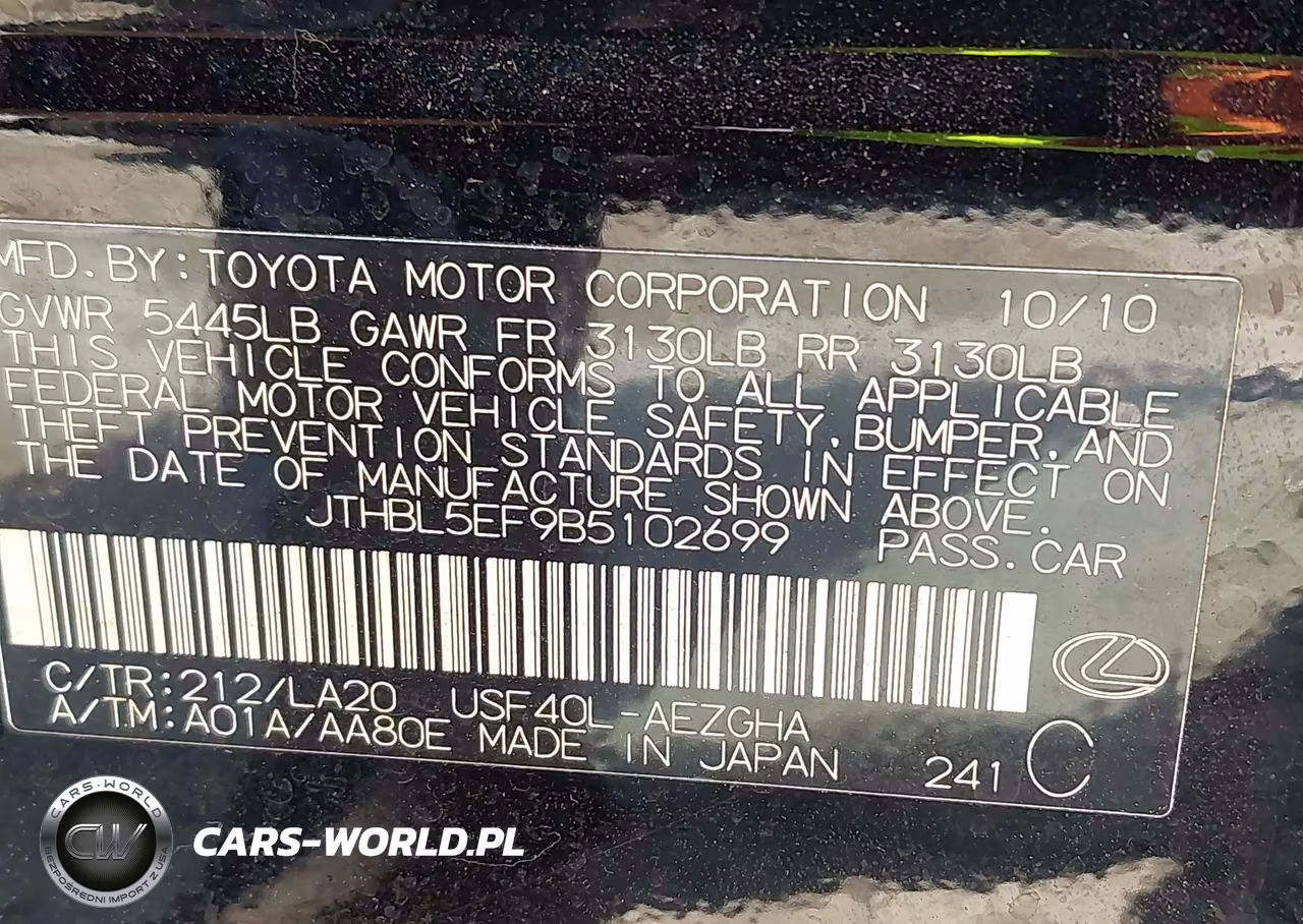 2011 Lexus Ls 460 VIN:JTHBL5EF9B5102699 - 9