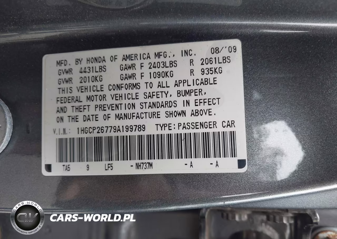 2009 Honda Accord 2.4 Ex VIN:1HGCP26779A199789 - 9
