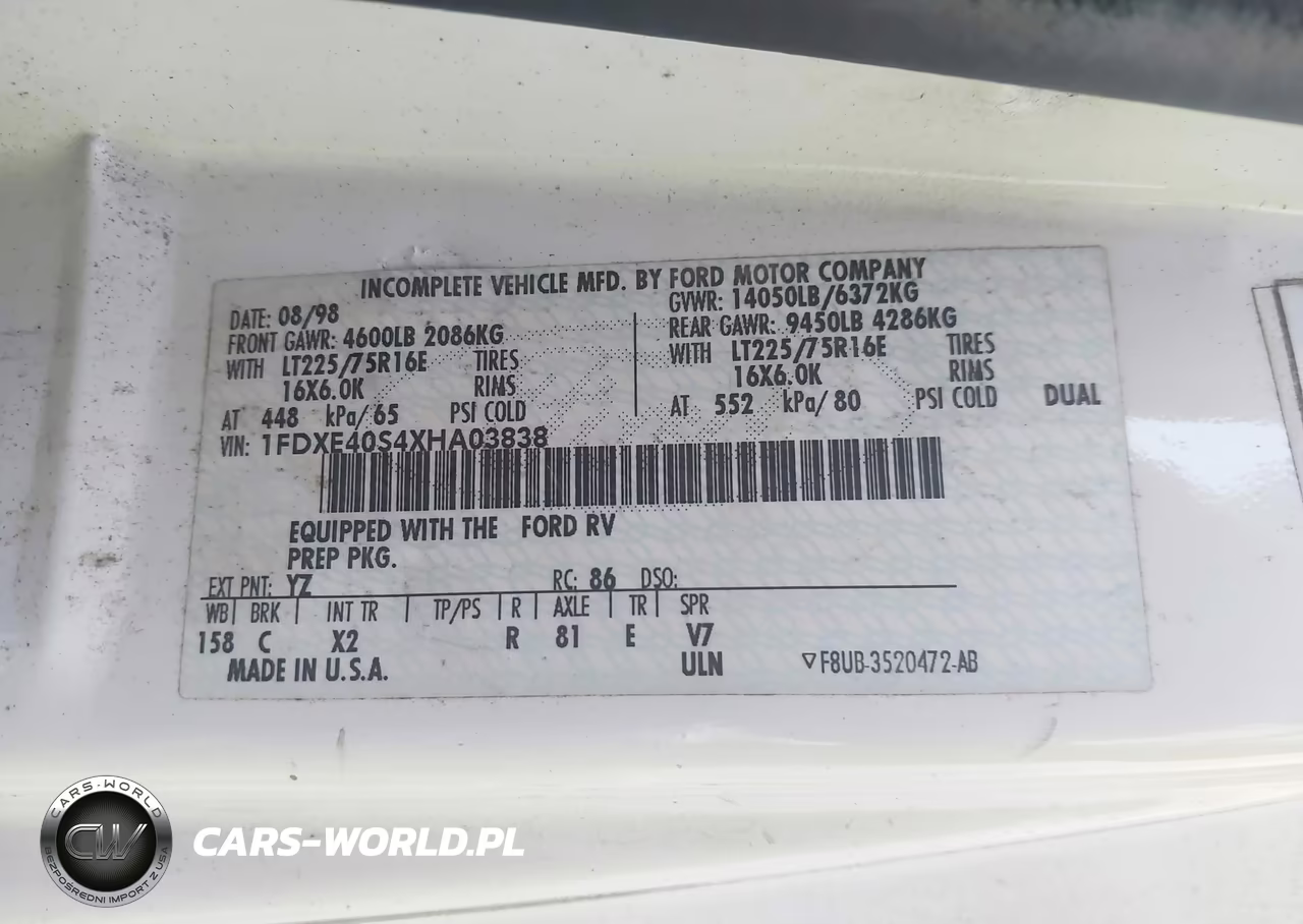 1999 Ford Econoline E450 Super Duty Cutwy Rv VIN:1FDXE40S4XHA03838 - 9