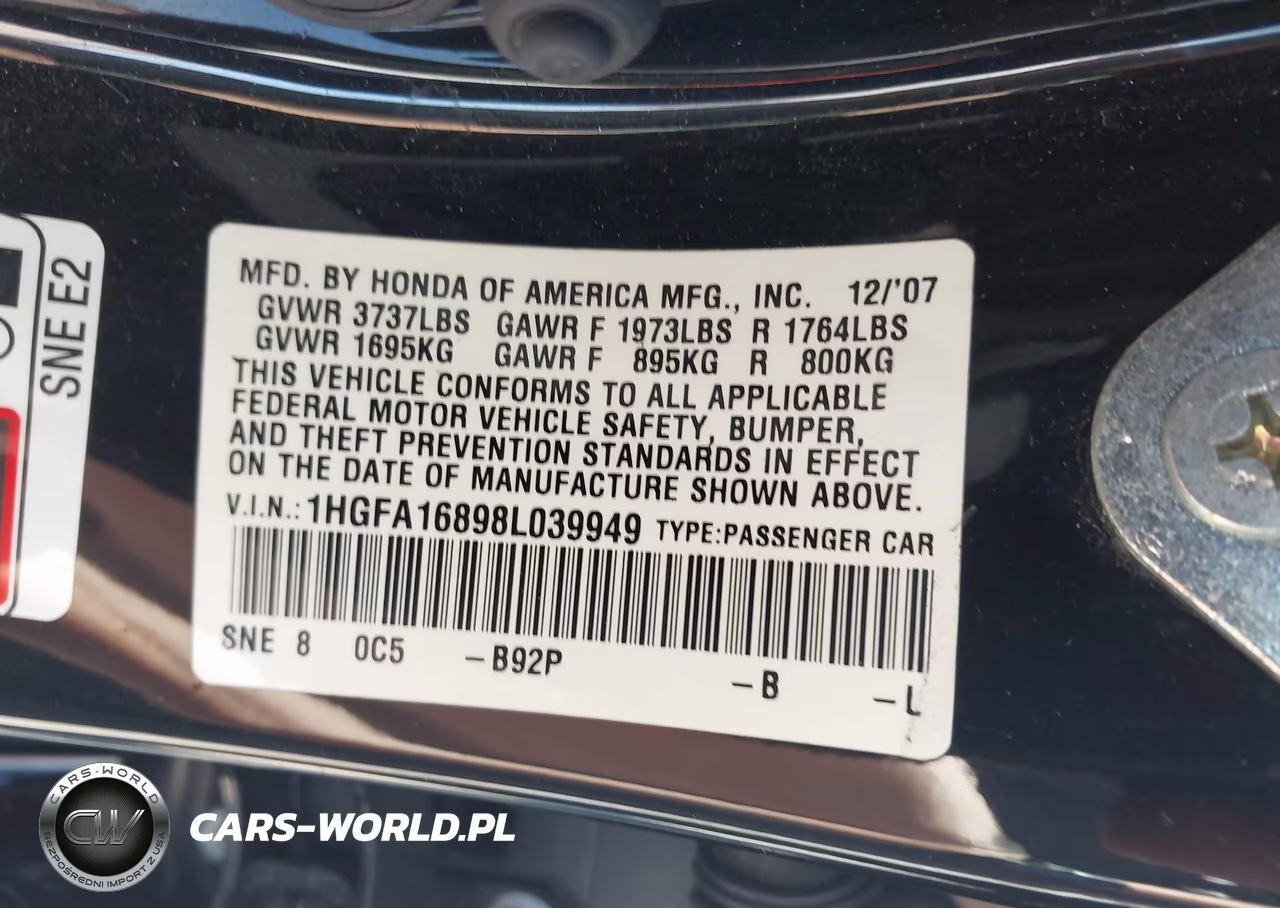 2008 Honda Civic Ex VIN:1HGFA16898L039949 - 9
