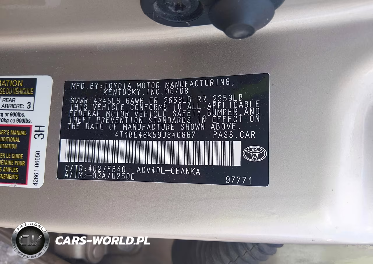 2009 Toyota Camry Le VIN:4T1BE46K59U840867 - 9