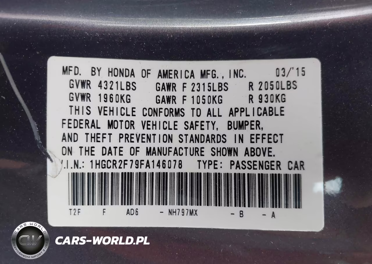 2015 Honda Accord Ex VIN:1HGCR2F79FA146078 - 9