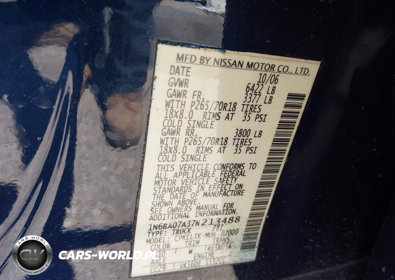 2007 Nissan Titan Se VIN:1N6BA07A37N213488 - 9