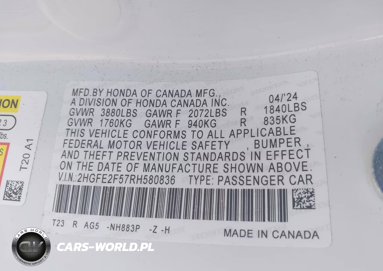 2024 Honda Civic Sport VIN:2HGFE2F57RH580836 - 9