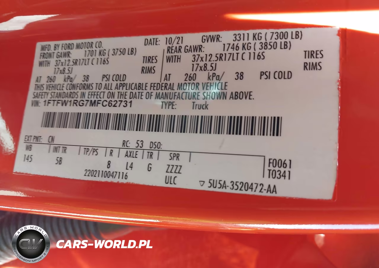 FORD F150 RAPTO VIN:1FTFW1RG7MFC62731 - 9