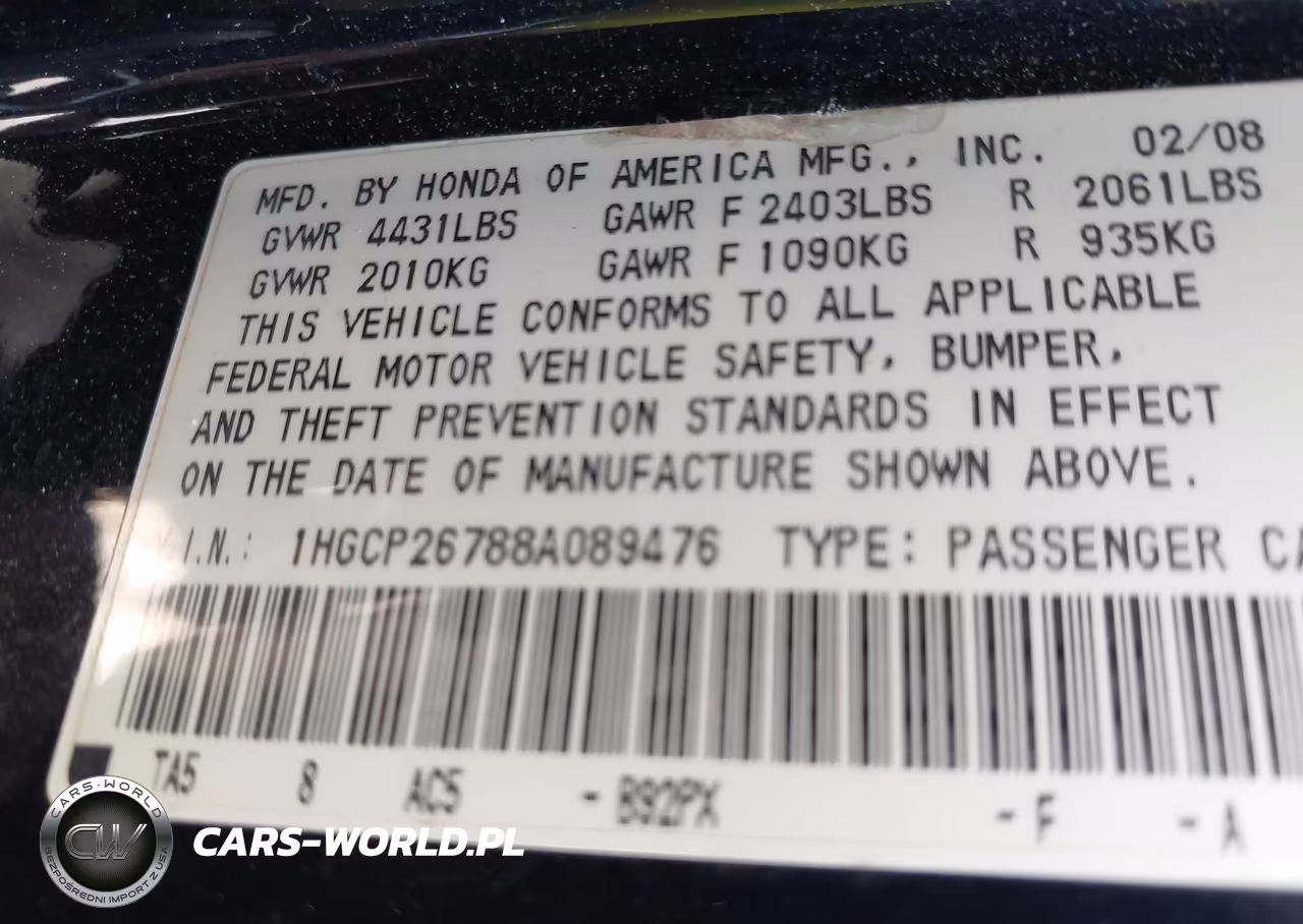 2008 Honda Accord 2.4 Ex VIN:1HGCP26788A089476 - 9