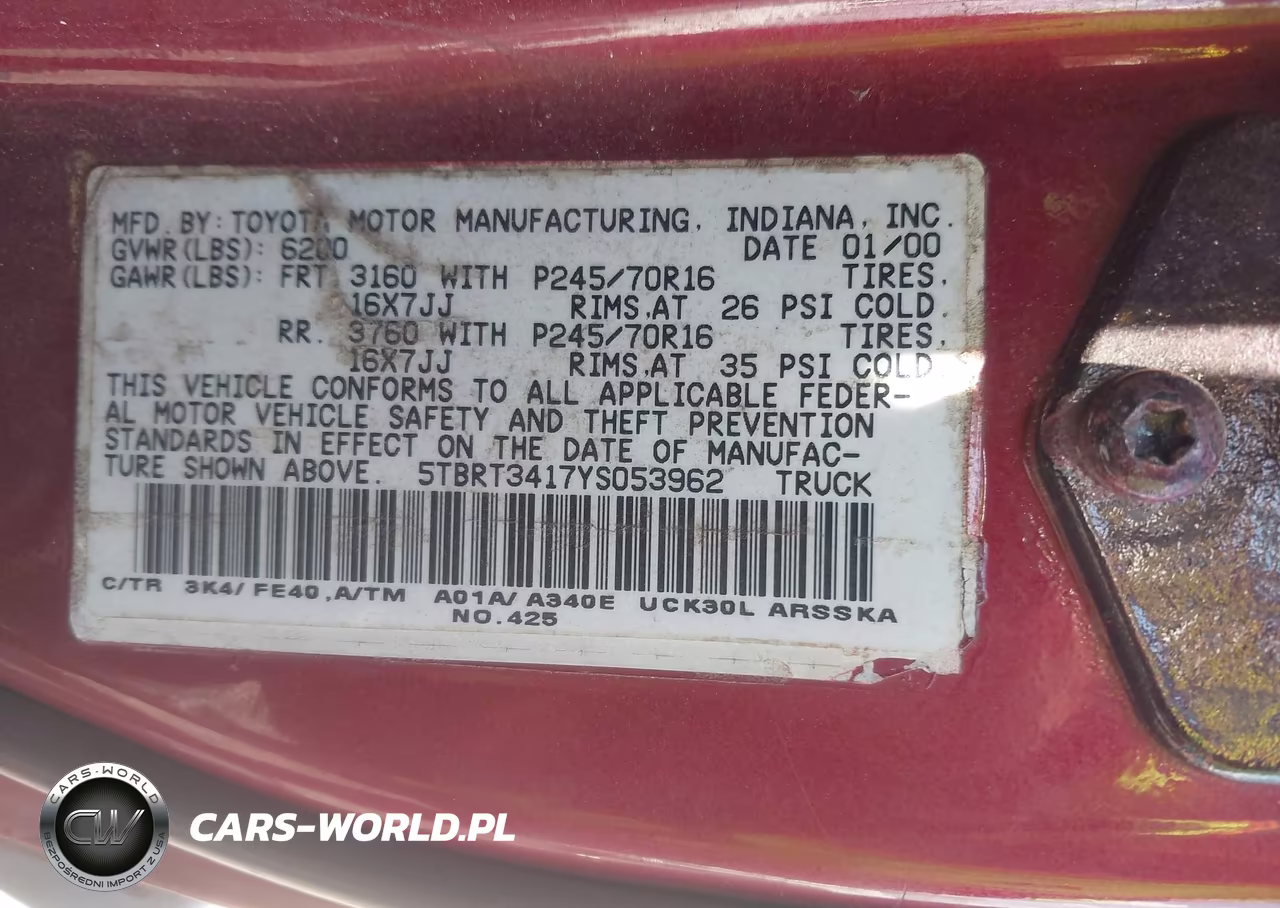 2000 TOYOTA TUNDRA SR5 V8 VIN:5TBRT3417YS053962 - 9