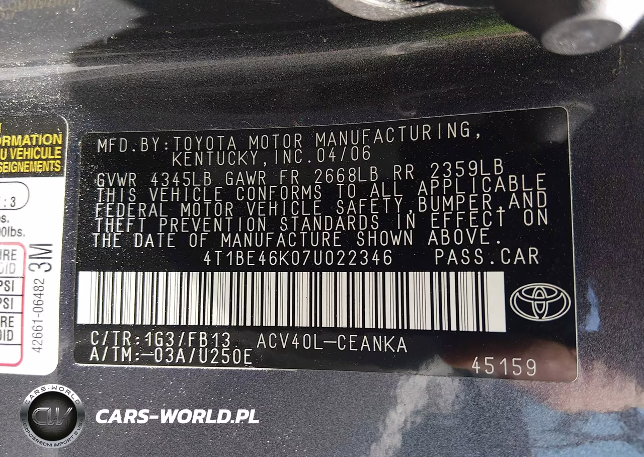 2007 Toyota Camry Le VIN:4T1BE46K07U022346 - 9
