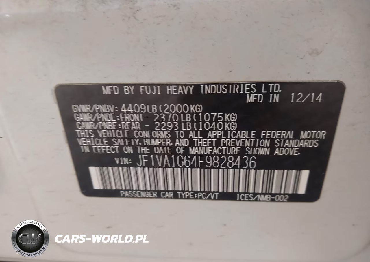2015 Subaru Wrx Limited VIN:JF1VA1G64F9828436 - 9
