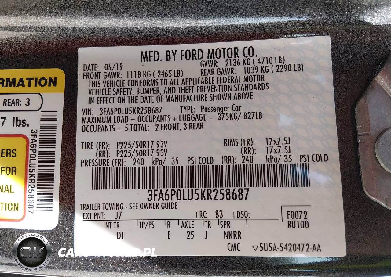 2019 Ford Fusion Hybrid Se VIN:3FA6P0LU5KR258687 - 9