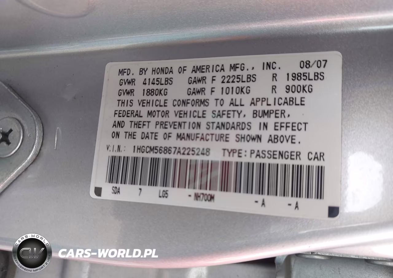 2007 Honda Accord 2.4 Ex VIN:1HGCM56867A225248 - 9
