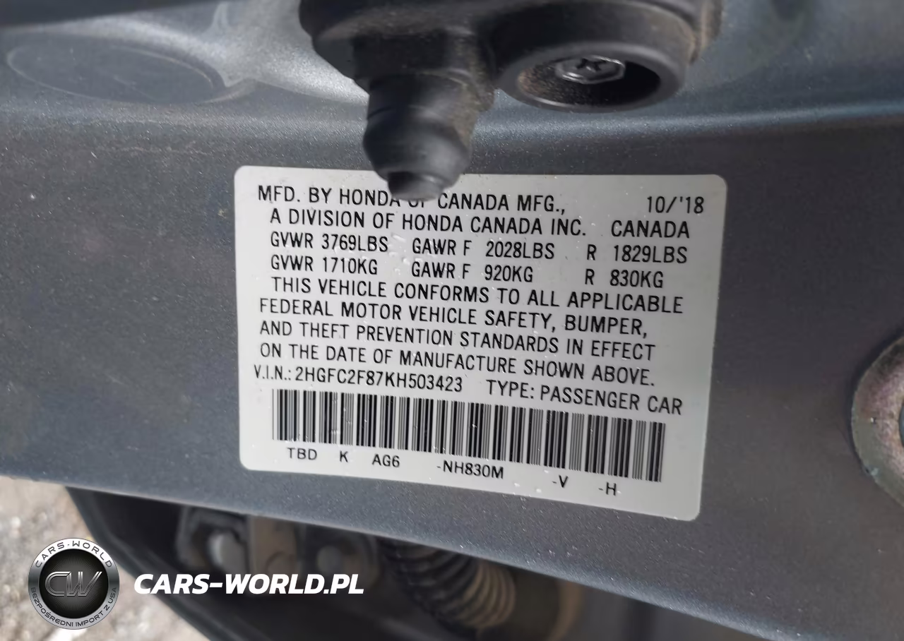 2019 Honda Civic Sport VIN:2HGFC2F87KH503423 - 9