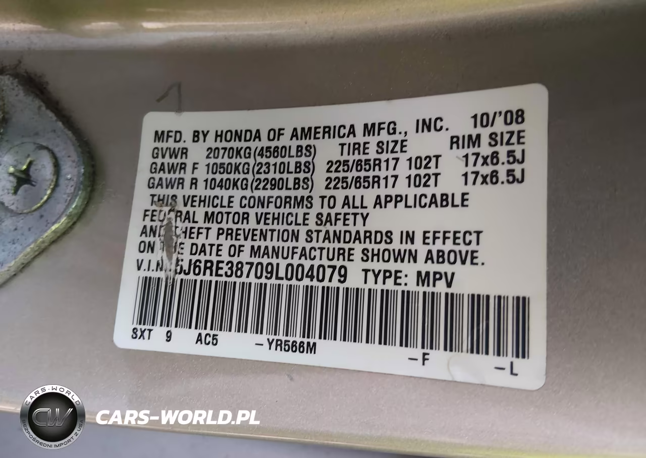 2009 Honda Cr-V Ex-L VIN:5J6RE38709L004079 - 9