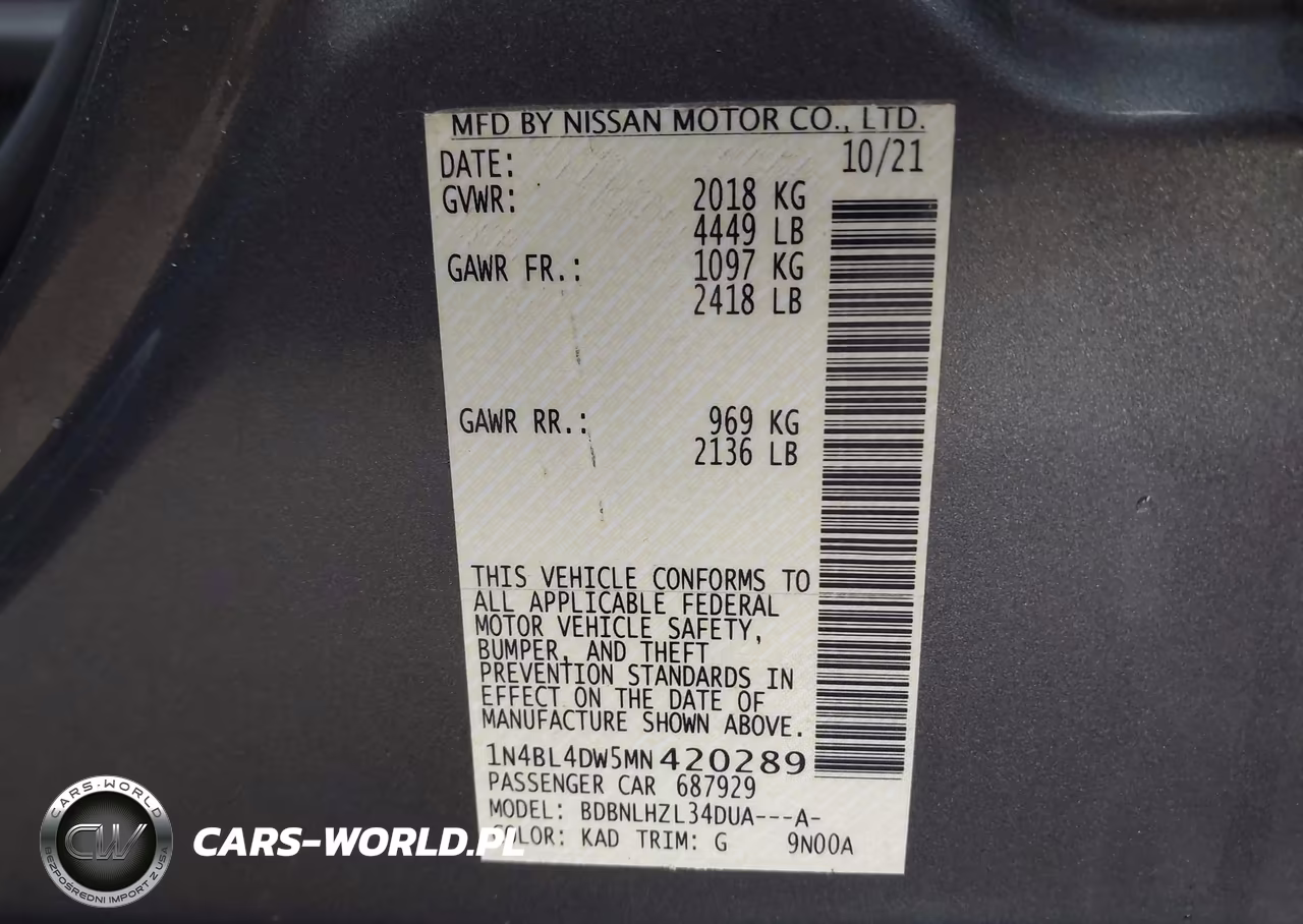 2021 Nissan Altima Sv Intelligent Awd VIN:1N4BL4DW5MN420289 - 9
